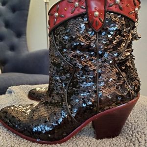 RARE Red/Black Coach Sequined Western Bootie